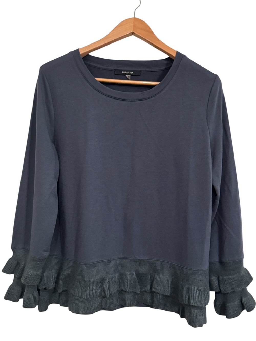 August Silk Round-Neck Dark Steel Blue Sweatshirt Ruffle Knit Cuffs Hem size L